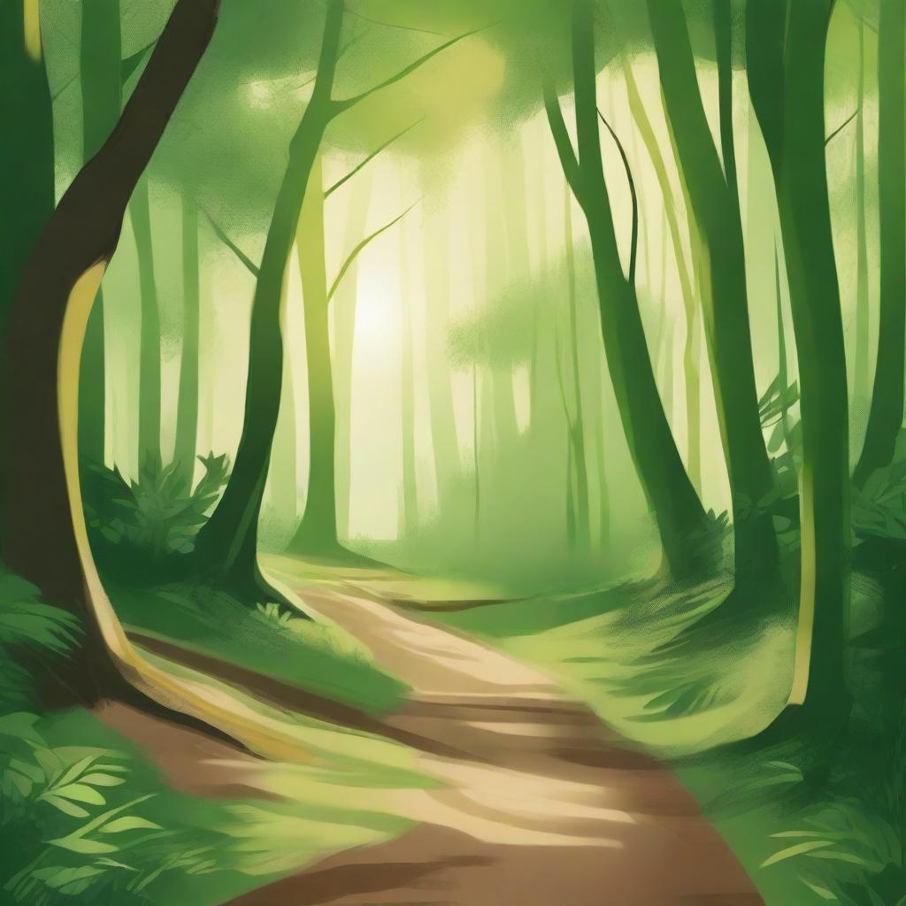 A scenic illustration titled 'Caminhos da Esperança' featuring a beautiful, winding path through a lush, green forest