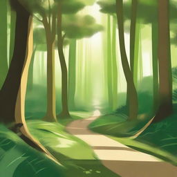 A scenic illustration titled 'Caminhos da Esperança' featuring a beautiful, winding path through a lush, green forest