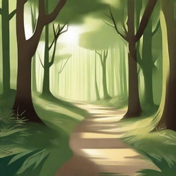 A scenic illustration titled 'Caminhos da Esperança' featuring a beautiful, winding path through a lush, green forest