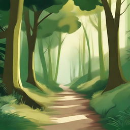 A scenic illustration titled 'Caminhos da Esperança' featuring a beautiful, winding path through a lush, green forest