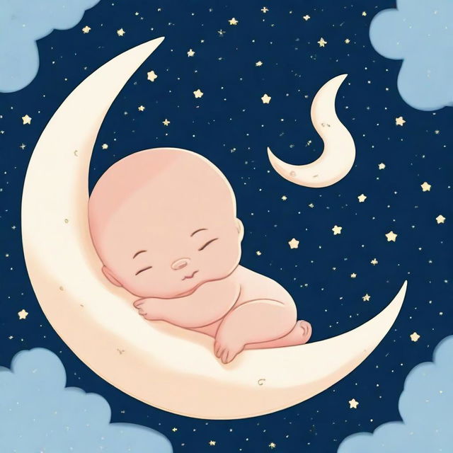 A cute baby peacefully sleeping on a crescent moon in the night sky, surrounded by twinkling stars