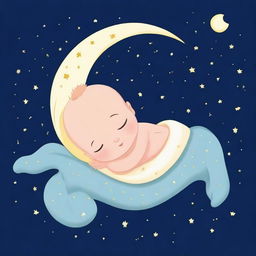 A cute baby peacefully sleeping on a crescent moon in the night sky, surrounded by twinkling stars