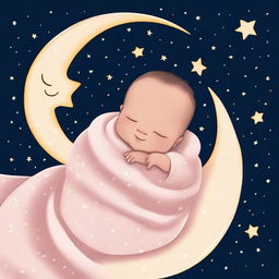 A cute baby peacefully sleeping on a crescent moon in the night sky, surrounded by twinkling stars