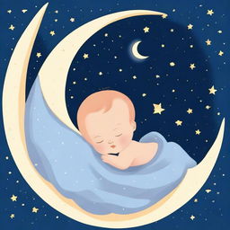 A cute baby peacefully sleeping on a crescent moon in the night sky, surrounded by twinkling stars