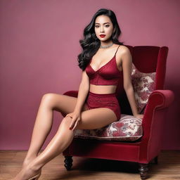 An Indonesian model wearing a sexy, short miniset bra sport and short pant red maroon outfit