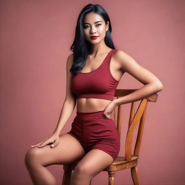 An Indonesian model wearing a sexy, short miniset sport bra and short pant red maroon outfit