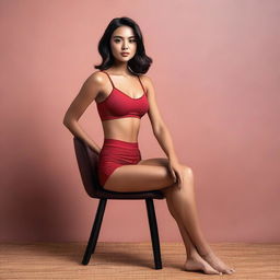 An Indonesian model wearing a sexy, short miniset sport bra and short pant red maroon outfit