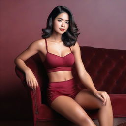 An Indonesian model wearing a sexy, short miniset sport bra and short pant red maroon outfit