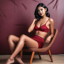 An Indonesian model wearing a sexy, short miniset sport bra and short pant red maroon outfit