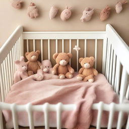 A peaceful scene of a baby sleeping soundly in a cozy crib, surrounded by soft blankets and plush toys