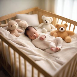 A peaceful scene of a baby sleeping soundly in a cozy crib, surrounded by soft blankets and plush toys