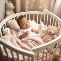 A peaceful scene of a baby sleeping soundly in a cozy crib, surrounded by soft blankets and plush toys