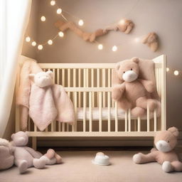 A peaceful scene of a baby sleeping soundly in a cozy crib, surrounded by soft blankets and plush toys