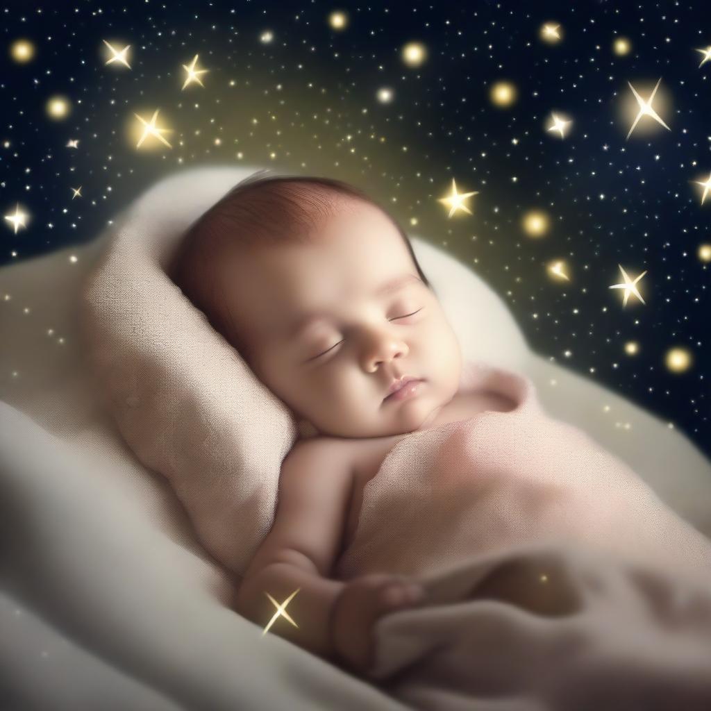 A serene image of a baby peacefully sleeping on a glowing star in the night sky