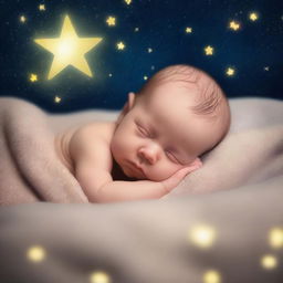 A serene image of a baby peacefully sleeping on a glowing star in the night sky