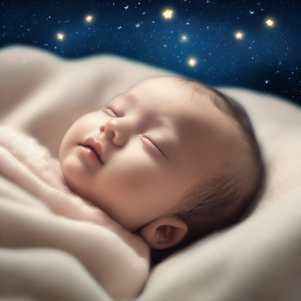 A serene image of a baby peacefully sleeping on a glowing star in the night sky