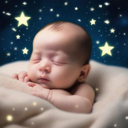 A serene image of a baby peacefully sleeping on a glowing star in the night sky