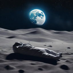 A serene scene of a person peacefully sleeping on the surface of the moon, surrounded by a starry sky