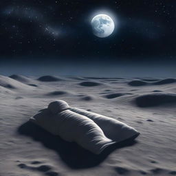 A serene scene of a person peacefully sleeping on the surface of the moon, surrounded by a starry sky