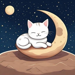 A cute cat peacefully sleeping on the surface of the moon, surrounded by a starry sky