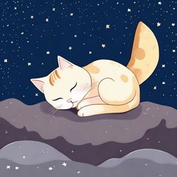 A cute cat peacefully sleeping on the surface of the moon, surrounded by a starry sky