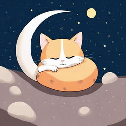 A cute cat peacefully sleeping on the surface of the moon, surrounded by a starry sky