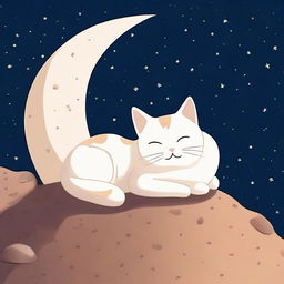 A cute cat peacefully sleeping on the surface of the moon, surrounded by a starry sky