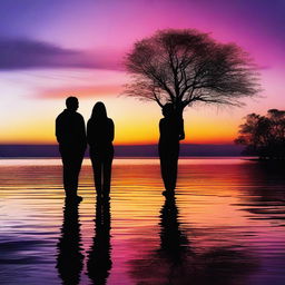 Create a series of rectangular photographs featuring two people looking at a sunset