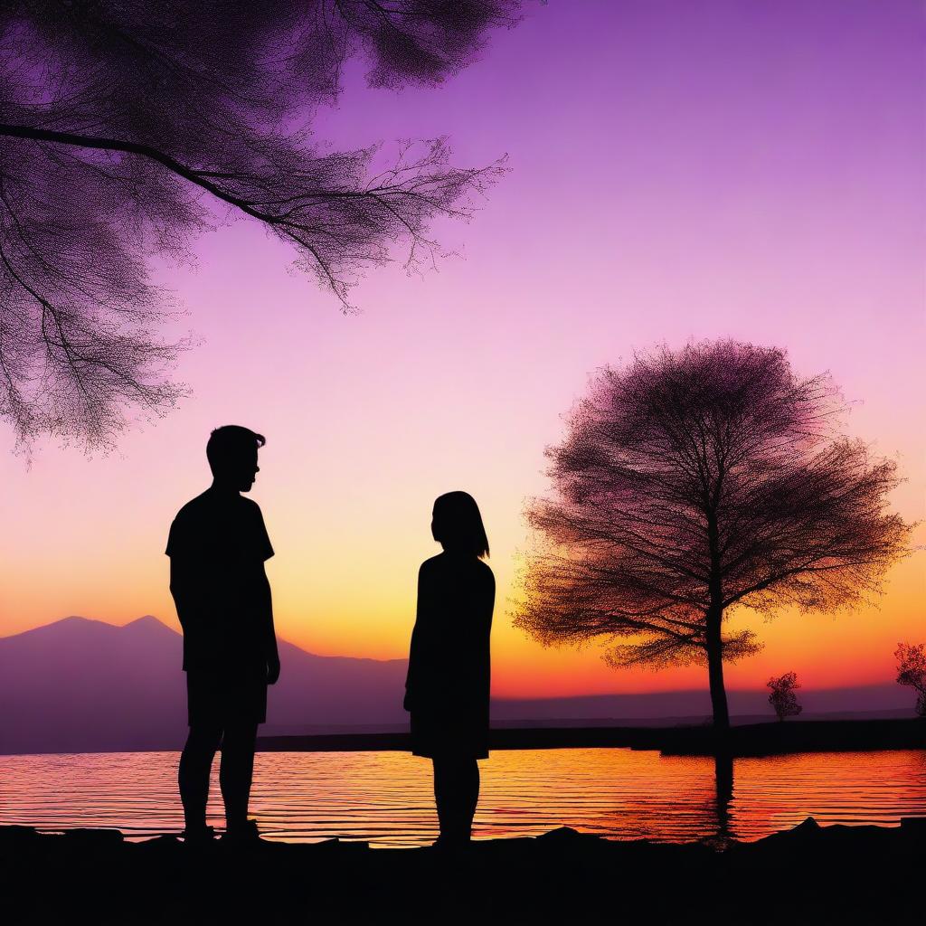 Create a series of rectangular photographs featuring two people looking at a sunset