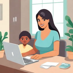 Create an image illustrating a single mom using Chat GPT on her laptop or smartphone