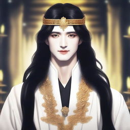 A tall man with pale skin and long black hair, with two front curls framing the sides of his face