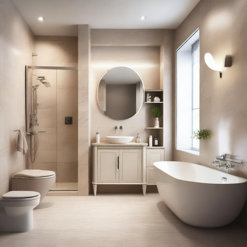 A luxurious bathroom tiled in light marble, featuring a corner bathtub with shelves and warm lighting above it