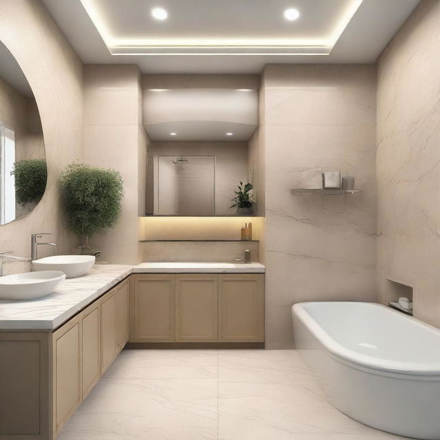 A luxurious bathroom tiled in light marble, featuring a corner bathtub with shelves and warm lighting above it