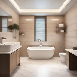 A luxurious bathroom tiled in light marble, featuring a corner bathtub with shelves and warm lighting above it