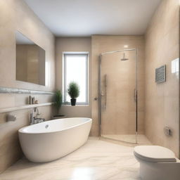 A luxurious bathroom tiled in light marble, featuring a corner bathtub with shelves and warm lighting above it