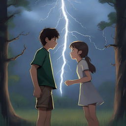 A dramatic scene of a thunderstorm in the woods with a girl and a boy reaching for each other