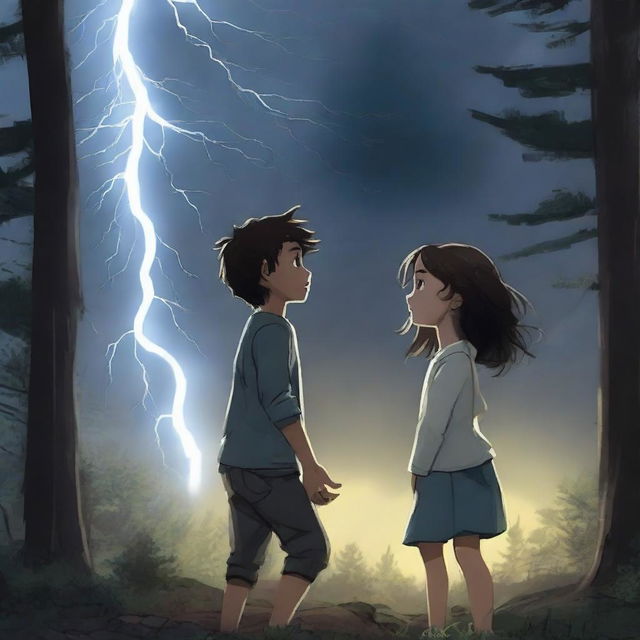 A dramatic scene of a thunderstorm in the woods with a girl and a boy reaching for each other