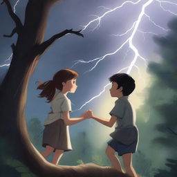 A dramatic scene of a thunderstorm in the woods with a girl and a boy reaching for each other