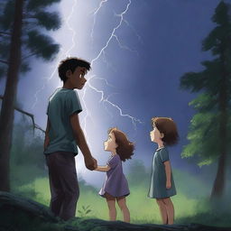 A dramatic scene of a thunderstorm in the woods with a girl and a boy reaching for each other