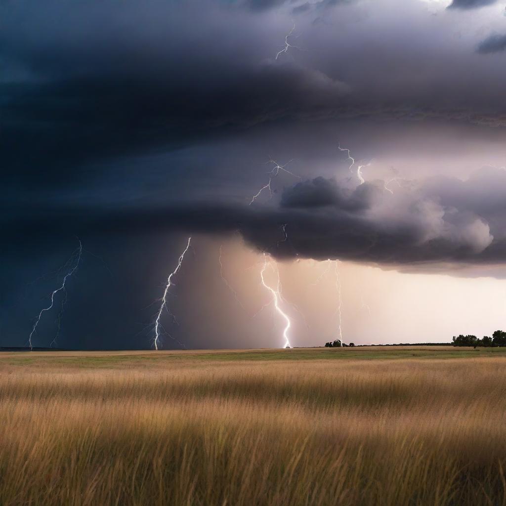 Generate an image of a dramatic thunderstorm over a vast open field