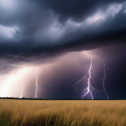 Generate an image of a dramatic thunderstorm over a vast open field