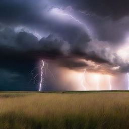 Generate an image of a dramatic thunderstorm over a vast open field