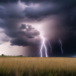 Generate an image of a dramatic thunderstorm over a vast open field