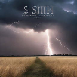 Create a striking book cover featuring a dramatic thunderstorm over a vast open field