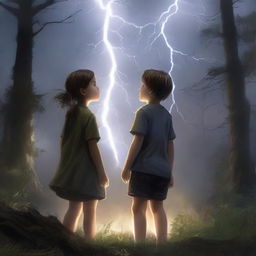 A realistic depiction of a thunderstorm in the woods with a girl and a boy reaching for each other