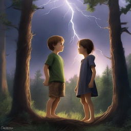 A realistic depiction of a thunderstorm in the woods with a girl and a boy reaching for each other