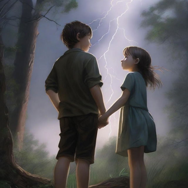 A realistic depiction of a thunderstorm in the woods with a girl and a boy reaching for each other