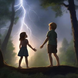 A realistic depiction of a thunderstorm in the woods with a girl and a boy reaching for each other