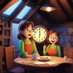 Tim and Tina are standing in an attic with a glowing magical clock