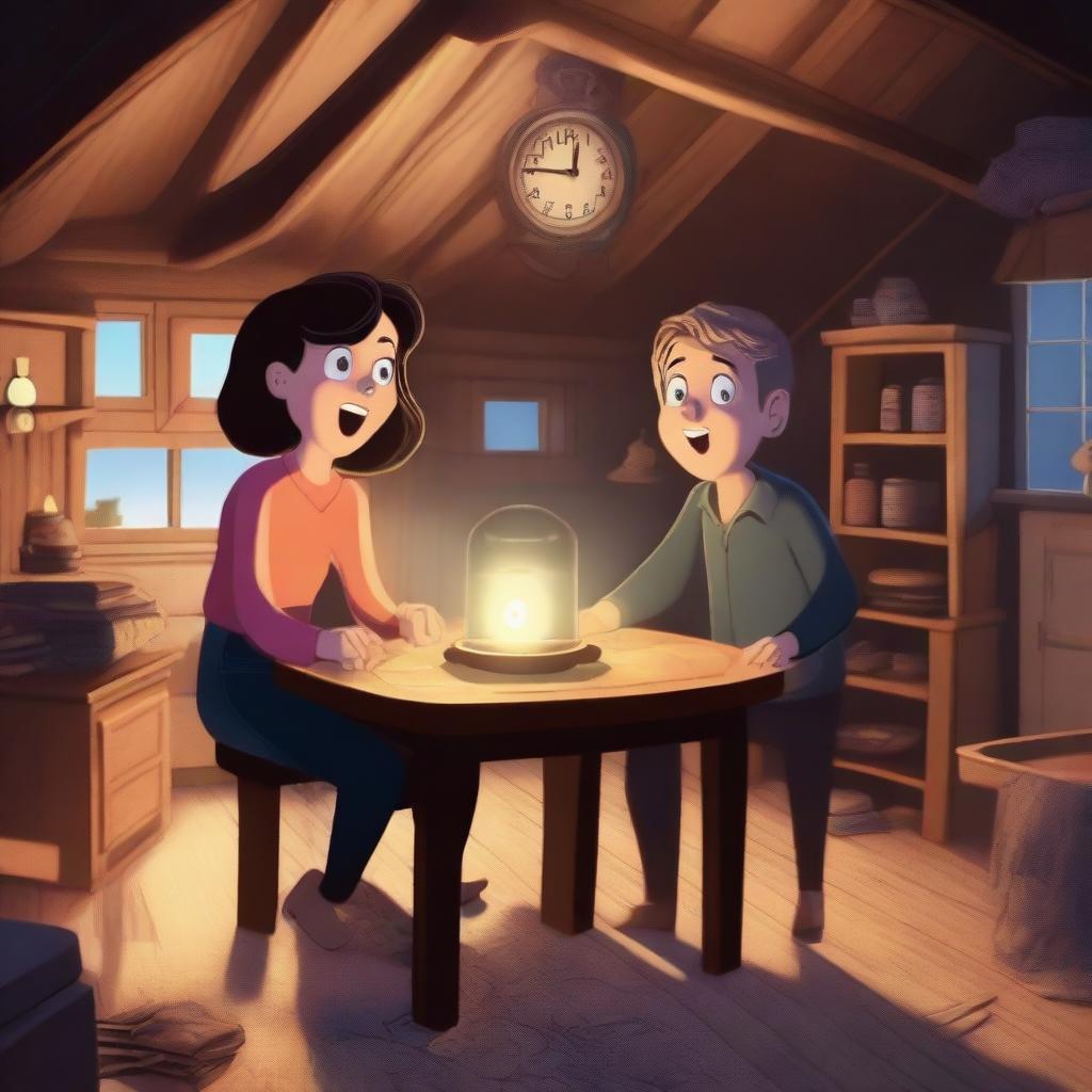 Tim and Tina are standing in an attic with a glowing magical clock